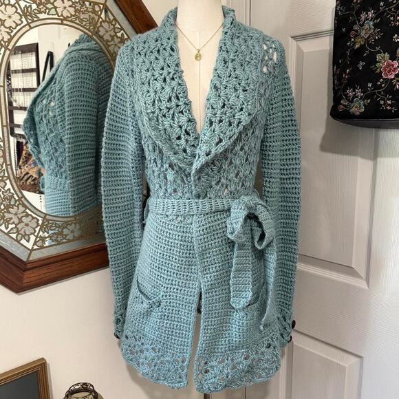 Kenji Handknit Aqua Blue Wool Blend Knitted Crochet Long Sleeve Cardigan Robe - Picture 1 of 7